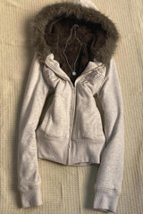 Embroidered Fur Trim Cropped Zip Hoodie