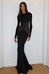 Ruched Mesh Sheer Black Sexy Bodycon Maxi Dress