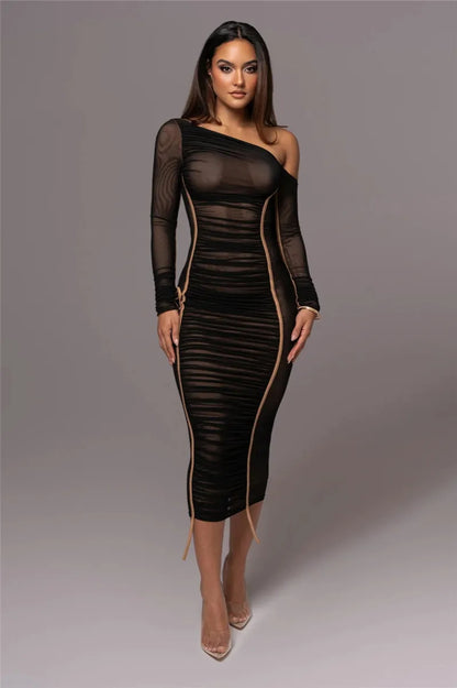 Diagonal Collar Mesh Midi Dress