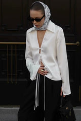 Acetate Satin Bow Tie V Neck Minimalist Long Sleeve Blouse