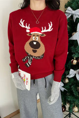 Christmas Crew Neck Color Block Christmas Deer Sweater
