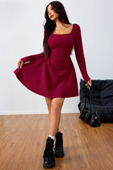 Ruched Solid Square Neck High Waist Elegant Mini Dress