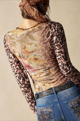 Leopard Floral Off Shoulder Mesh T-Shirt