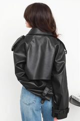 Belted Lapel Cropped Faux Leather Jacket
