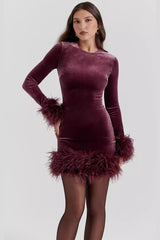 Knitted Fleece Cuff Hem Waist Cinching Slim Velvet Dress