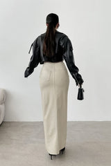 High-Waist Khaki PU Skirt