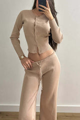 Sexy Fitted Buttoned Long-Sleeve Low-Rise Knit Two Piece Set