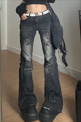 Gothic Print Low Rise Flare Jeans