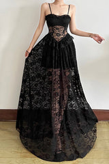 Sleeveless Ruffled Waist Maxi Lace Dress