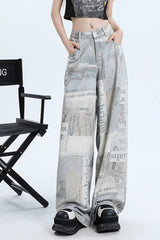 Newspaper Print Wide Leg Jean