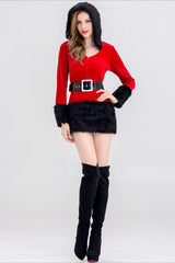 Christmas Hooded V-Neck Fuzzy Sexy  Party Dress