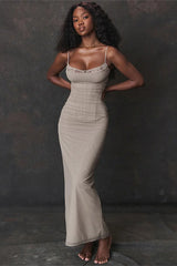 Solid Patchwork Spaghetti Strap Lace Mesh Maxi Dress