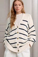 Striped V Neck Cotton Cardigan Sweater