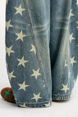 Star Panel Faded Barrel Leg Jeans