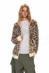 Leopard Knit Zip Up Oversized Hoodie
