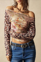 Leopard Floral Off Shoulder Mesh T-Shirt