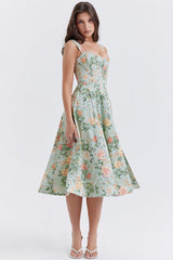 Spaghetti Strap Floral Ruched Midi Dress