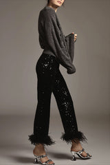 Sequin Feather Trim Flare Leg Pants