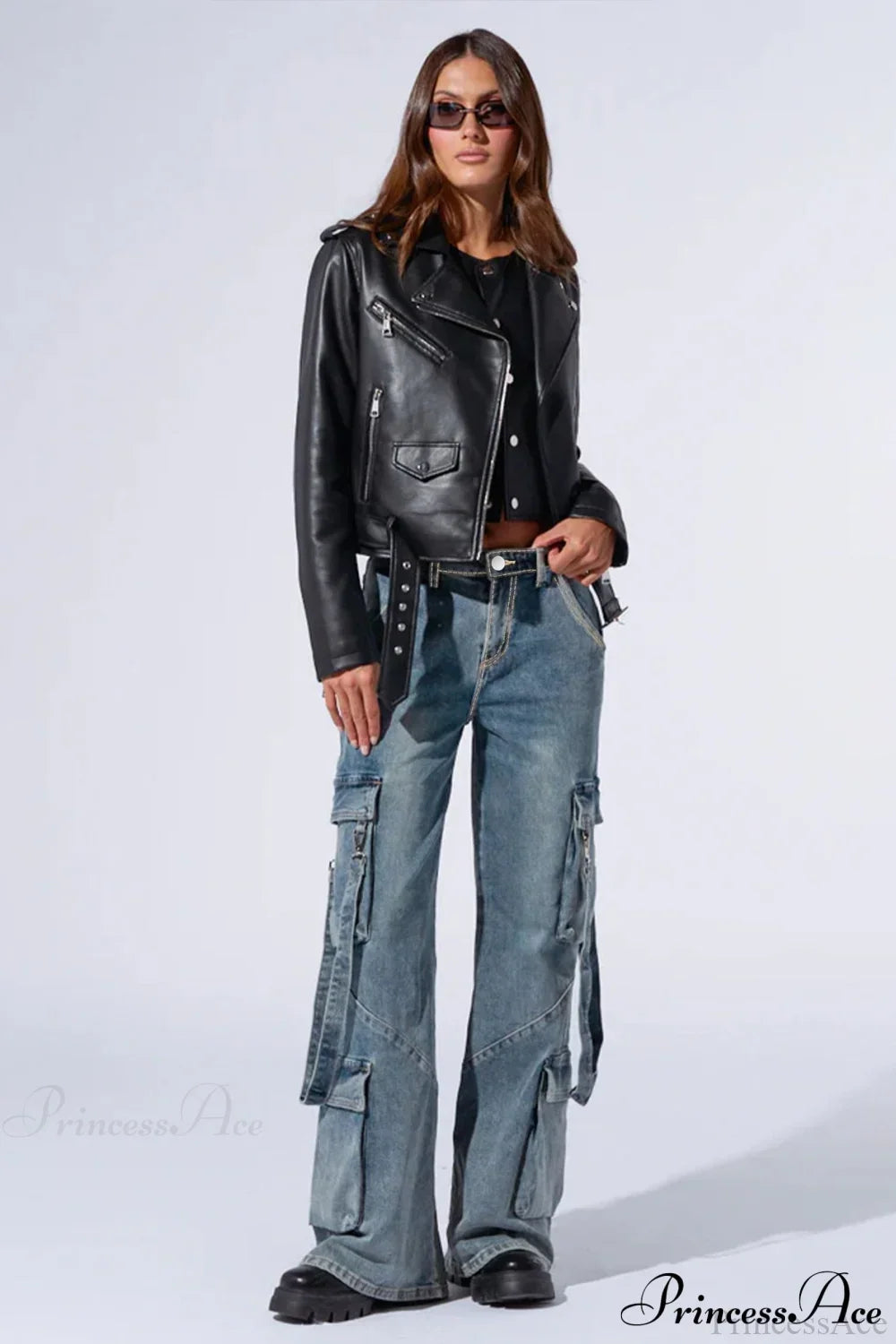 Denim Multi-Pocket Wide-Leg Cargo Pants