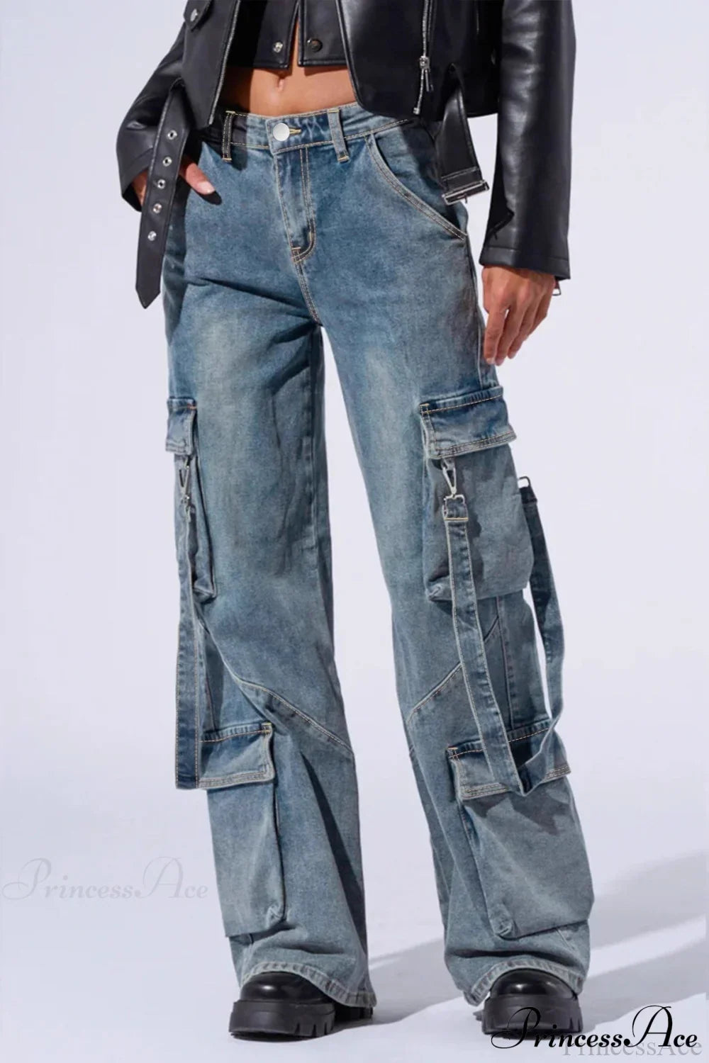 Denim Multi-Pocket Wide-Leg Cargo Pants Blue / S