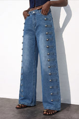 Side Snap High Waist Wide Leg Jeans