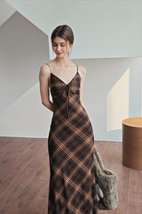 Plaid Spaghetti Strap Bodycon Maxi Dress