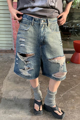 Distressed Frayed Hem Mid Length Denim Shorts