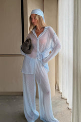 Sheer Polka Dot Shirt Wrap Skirt Pants Set
