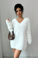 V-Neck Cozy Fuzzy Solid Loose Fit Sweater