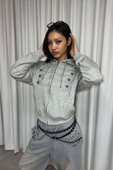 Military Button Fitted Zip Up Hoodie