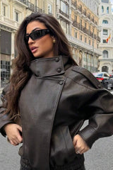 Oversized Stand Collar Faux Leather Jacket