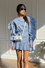 Long Sleeve Pleated Waist Short Floral Dress