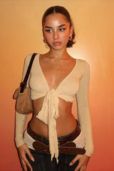 Tie Front Deep V Long Sleeve Crop Top