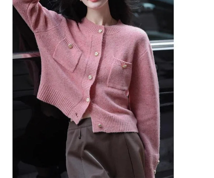 Solid Color Office Lady O-Neck Cardigan Pink / S Cardigan-241208