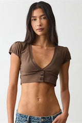 Button Front Ribbed V Neck Fitted Crop Top