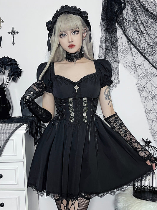 Gothic A-Line Pleated Hem Harajuku Lolita Lace Trim Summer Dress