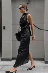Black Satin Halter Maxi Dress
