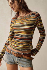 Retro Stripe Knit Cropped Long Sleeve T-Shirt