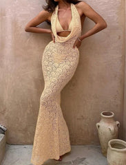 Tie Neck V Neck Backless Lace Dress