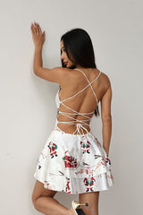 Sexy Christmas Print Drawstring Open Back Spaghetti Mini Dress