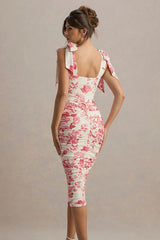 Vintage Print Ruched Midi Dress