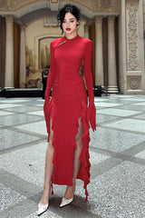 Ruffle Split Long Sleeve Maxi Dress