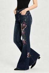 Butterfly Embroidered Stretch Slim Flare Jeans