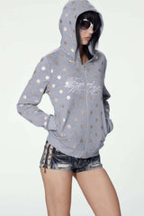 Polka Dot Embroidered Zip Up Hoodie