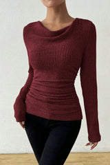 Ruched Cowl Neck Slim Knit Long Sleeve Tee