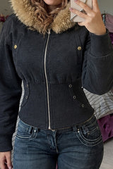 Corset Waist Fur Trim Zip Hoodie