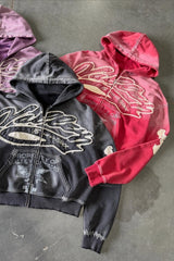 Washed Embroidered Graphic Zip Front Hoodie