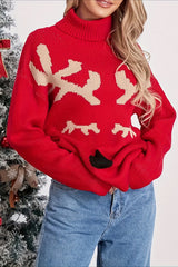 Christmas Cozy Turtleneck Moose Print Color Block Sweater