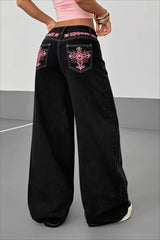 Cross Embroidered Black Wide Leg Jeans