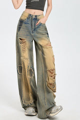 High Waist Distressed Wide Jean